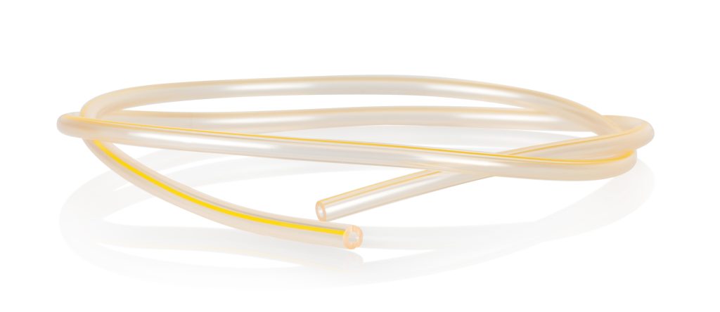 Coiled translucent yellow-tinted medical-grade tubing, ideal for fluid transfer in healthcare, laboratory, and diagnostic systems.